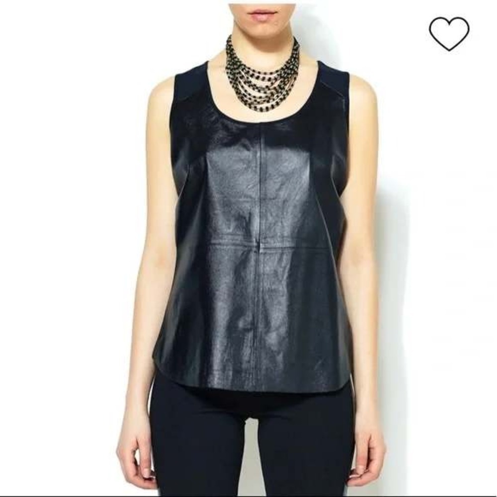 Ecru Leather Front Tank Women Small Navy New 3686-KT Mixed Media Keyhole Back